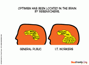 Optimism has been Located in the Brain by Researchers: General Public = Win Lottery, IT Workers = Backups won't fail.